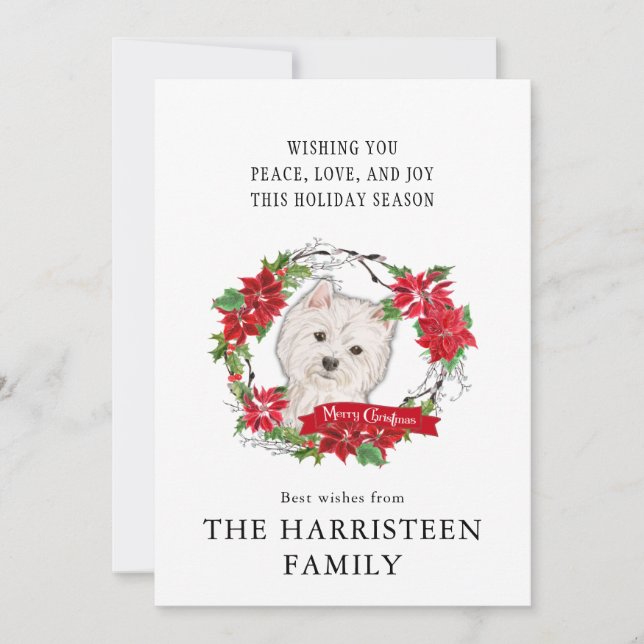 Westhighland Terrier Watercolor Poinsettia Wreath Holiday Card (Front)