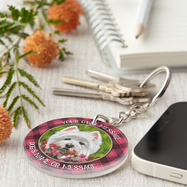 Westie and Pink Flowers Key Ring (Front Right)