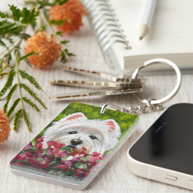 Westie and Pink Flowers Key Ring (Front Right)