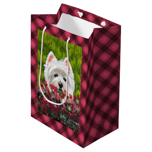 Westie and Pink Flowers Medium Gift Bag (Front Angled)