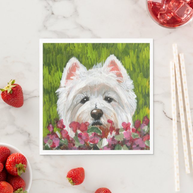 Westie and Pink Flowers Napkin (Insitu)