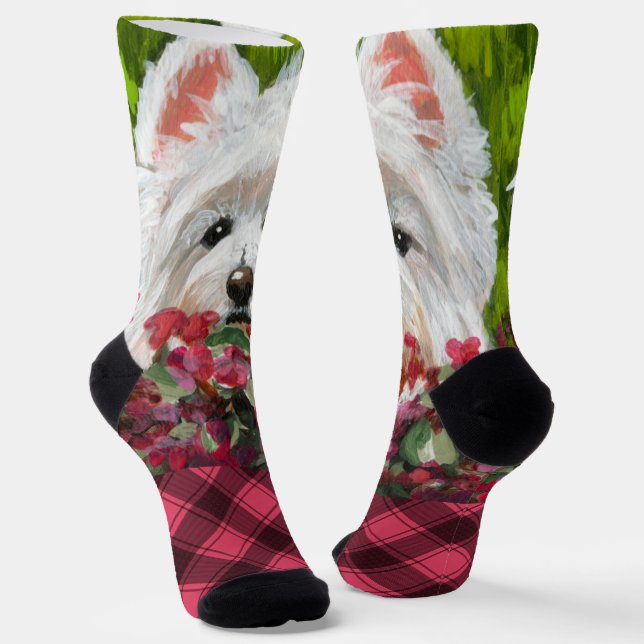 Westie and Pink Flowers Socks (Angled)