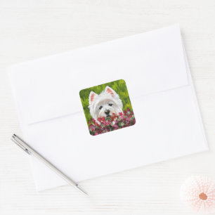 Westie and Pink Flowers Square Sticker