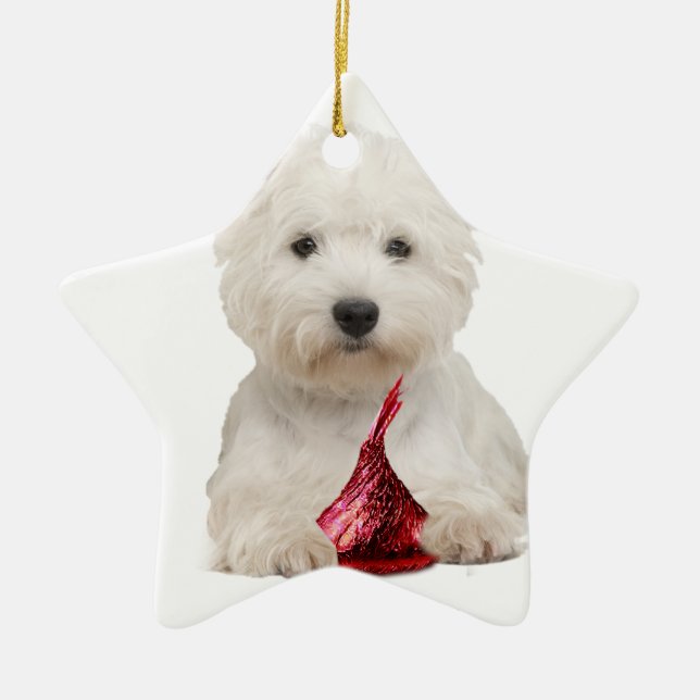 Westie and red candy kiss ceramic tree decoration (Front)