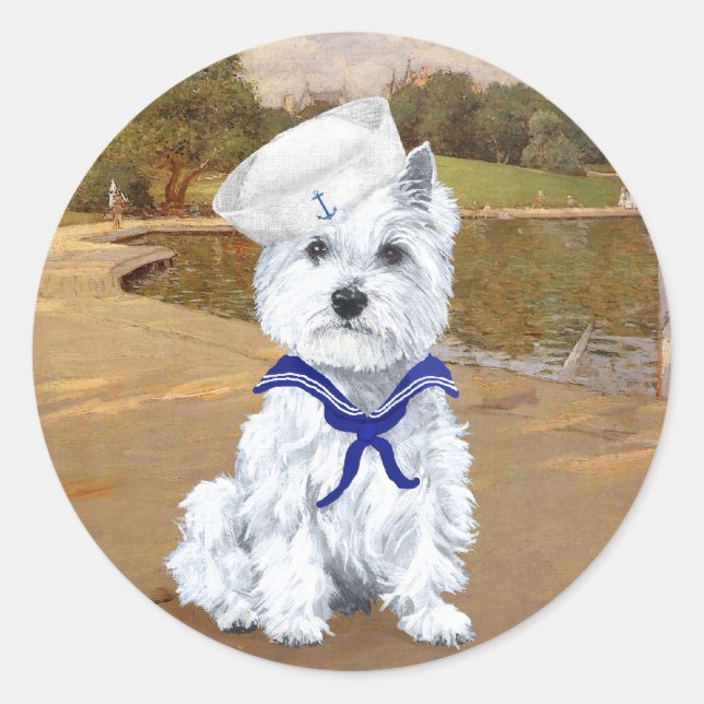 Westie and Sailboats Classic Round Sticker (Front)