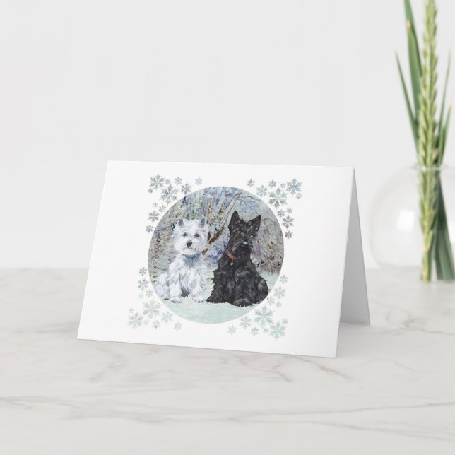 Westie and Scottie in Snowy Landscape Holiday Card (Front)