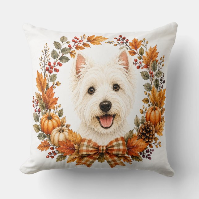 Westie Autumn Wreath Cushion (Front)