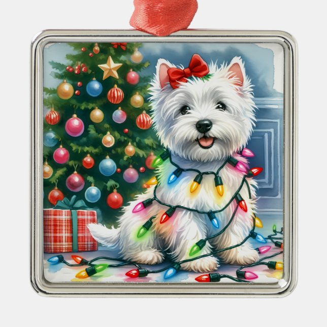Westie Christmas Lights Holiday Metal Tree Decoration (Front)
