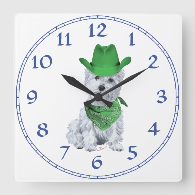 Westie Cowboy in Green Square Wall Clock (Front)