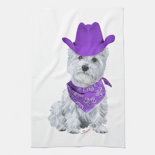 Westie Cowboy in Purple Tea Towel (Vertical)