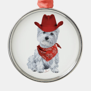 Westie Cowboy in Red Metal Tree Decoration