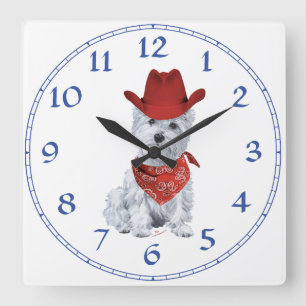 Westie Cowboy in Red Square Wall Clock