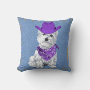 Westie Cowboy on Denim Cushion