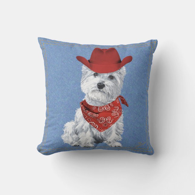 Westie Cowboy on Denim Cushion (Front)