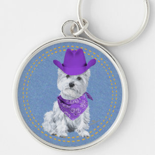 Westie Cowboy on Denim Key Ring