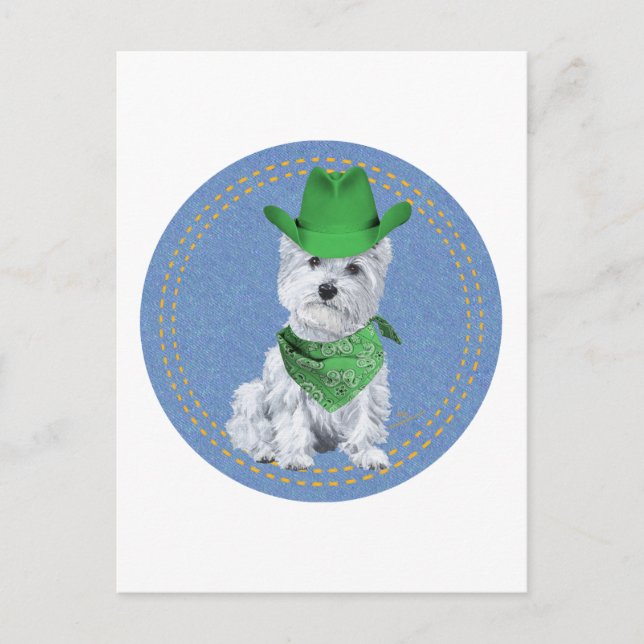 Westie Cowboy on Denim Postcard (Front)