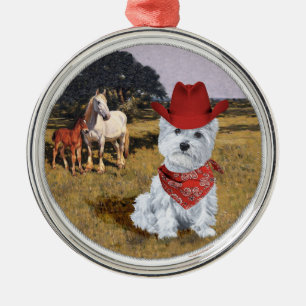 Westie Cowboy with Horses Metal Tree Decoration