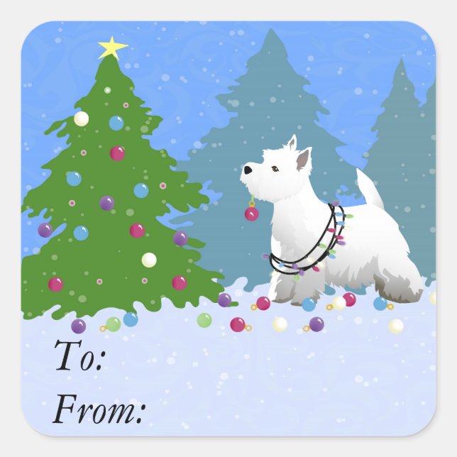 Westie Decorating a Christmas Tree in the Forest Square Sticker (Front)