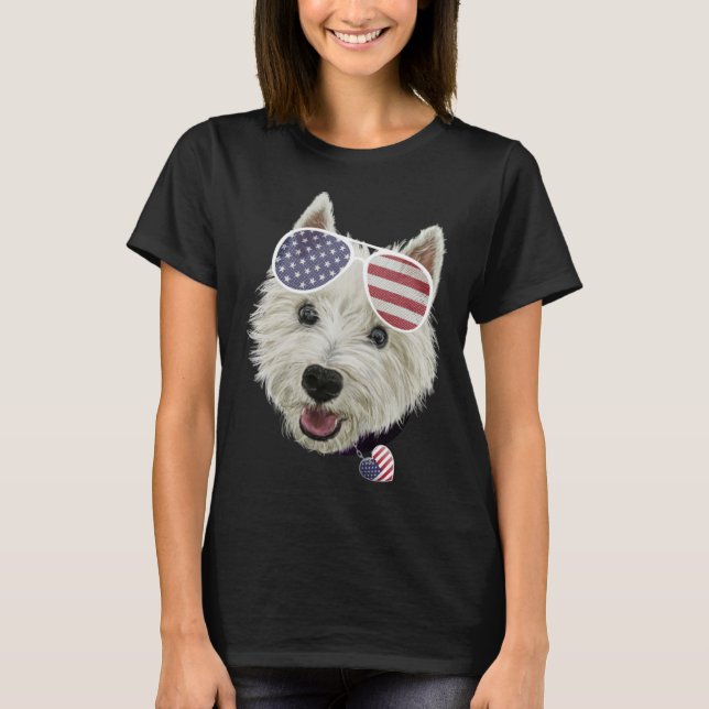 Westie Dog Fourth Of July USA Flag Glasses And Hea T-Shirt (Front)
