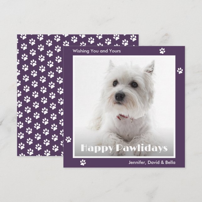 Westie Dog Pet Photo Paw Prints Purple Holiday Card (Front/Back)