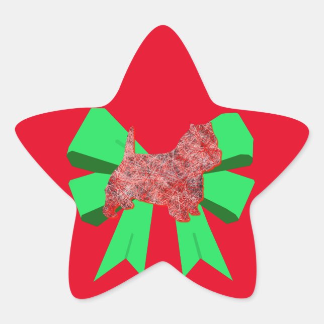 Westie Dog Silhouette Green Bow Christmas Star Sticker (Front)