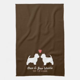 Westie Dog Silhouettes with Heart and Text Tea Towel