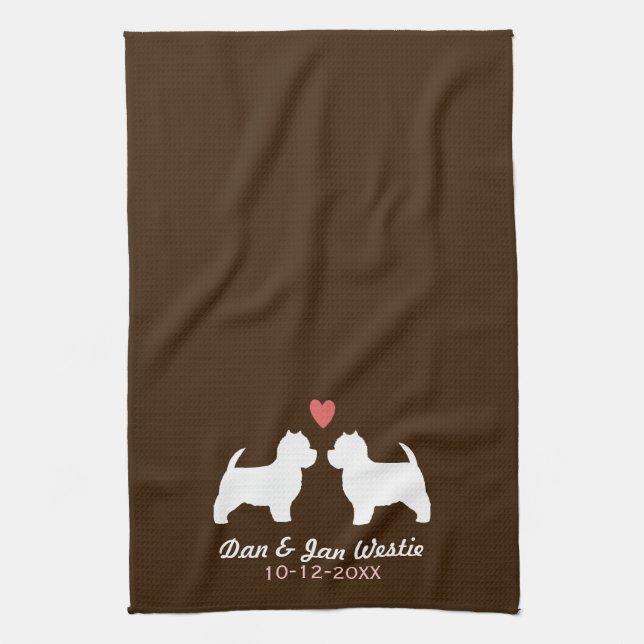 Westie Dog Silhouettes with Heart and Text Tea Towel (Vertical)