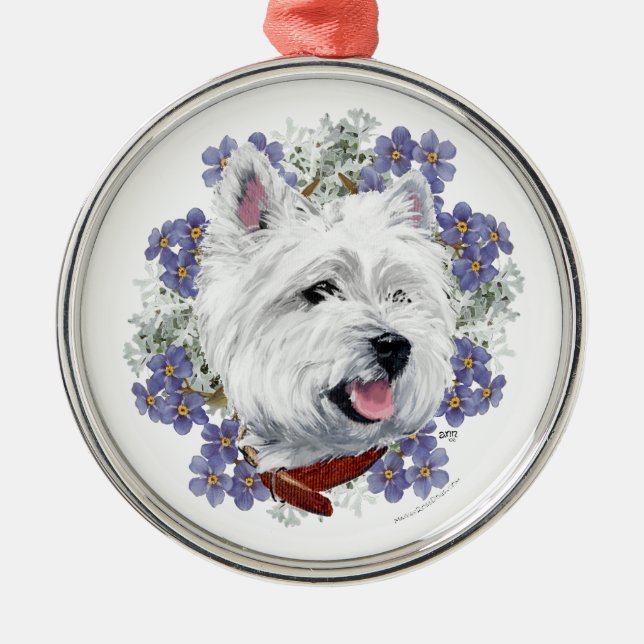 Westie Forget Me Not Metal Tree Decoration (Front)