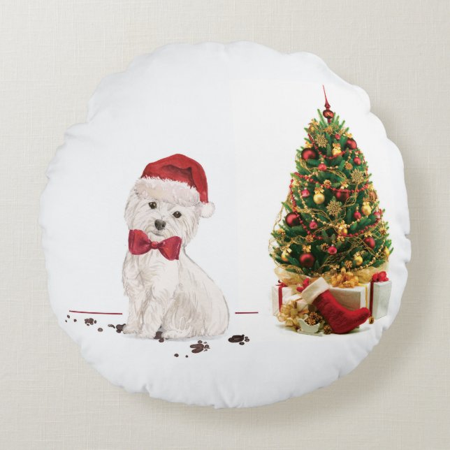Westie Funny Christmas Dog with Tree Round Cushion (Front)