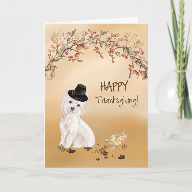 Westie Funny Pilgrim Hat Thanksgiving Card (Front)