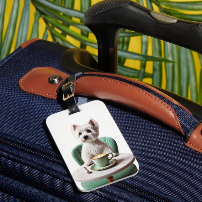Westie having a latte luggage tag (Front Insitu 1)