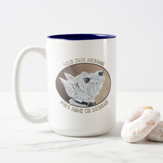 Westie Looking Up Profile B Two-Tone Coffee Mug (With Donut)