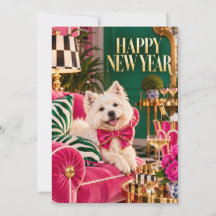 Westie New Year Party Flat Card