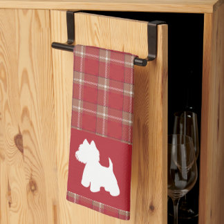 Westie on a red tartan background tea towel