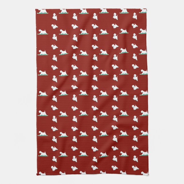 Westie on red tea towel (Vertical)