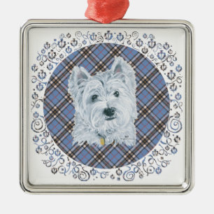 Westie on Tartan Metal Tree Decoration