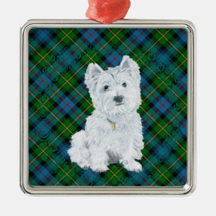 Westie on Tartan Metal Tree Decoration