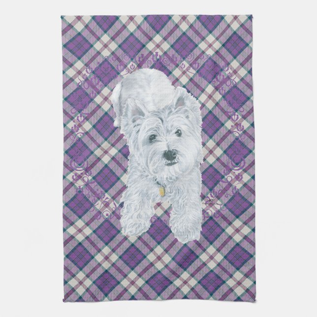 Westie on Tartan Tea Towel (Vertical)