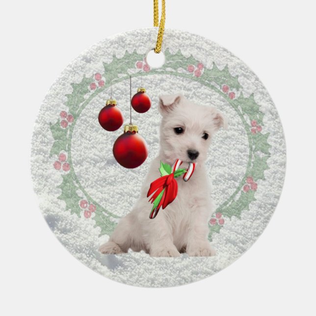 Westie Puppy Hugs & Kisses &Warm Christmas Wishes Ceramic Tree Decoration (Front)