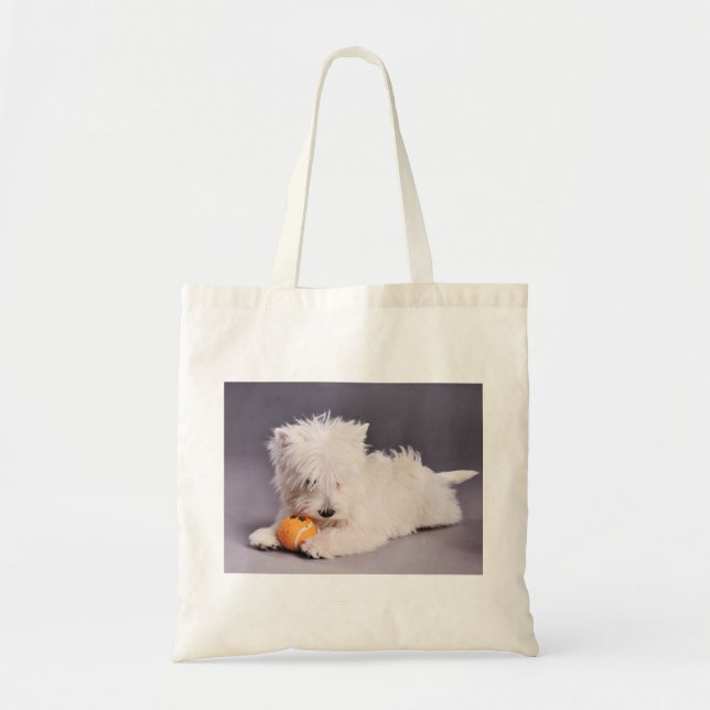 Westie puppy with tennis ball tote bag (Front)