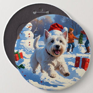 Westie Running in Snow with Christmas Hat 6 Cm Round Badge