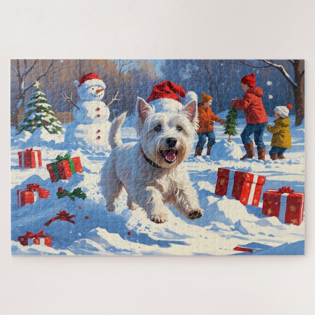 Westie Running in Snow with Christmas Hat Jigsaw Puzzle (Horizontal)