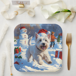 Westie Running in Snow with Christmas Hat Paper Plate