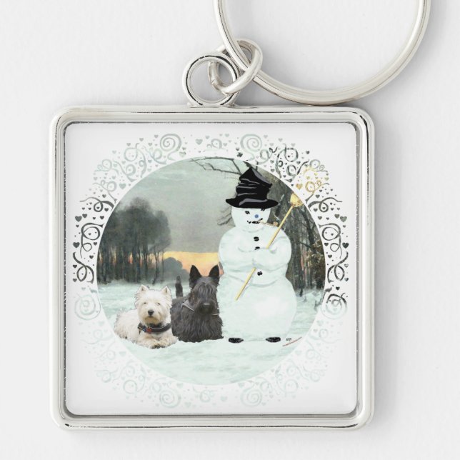 Westie & Scottie Build a Snowman Key Ring (Front)