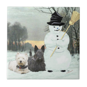 Westie & Scottie Build a Snowman Tile
