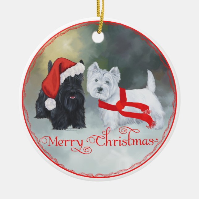 Westie Scottie Christmas Ceramic Tree Decoration (Front)