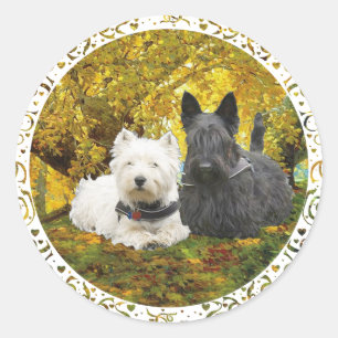 Westie & Scottie in Autumn Classic Round Sticker