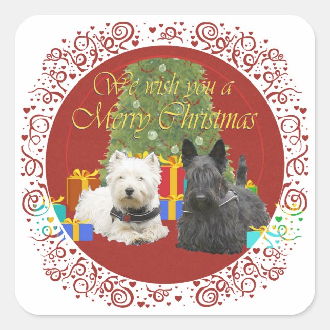 Westie & Scottie Merry Christmas Square Sticker (Front)