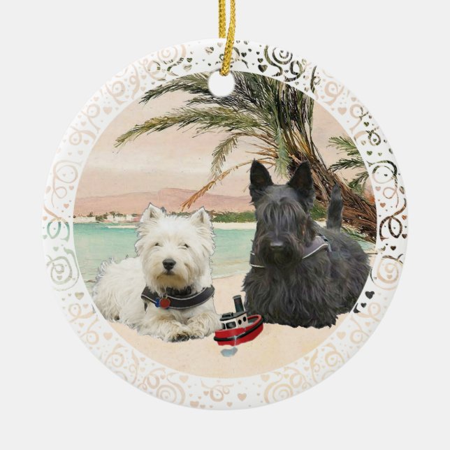 Westie & Scottie on Palmy Beach Ceramic Tree Decoration (Front)