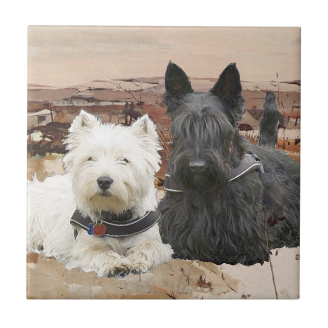 Westie & Scottie Together Autumn Tile (Front)